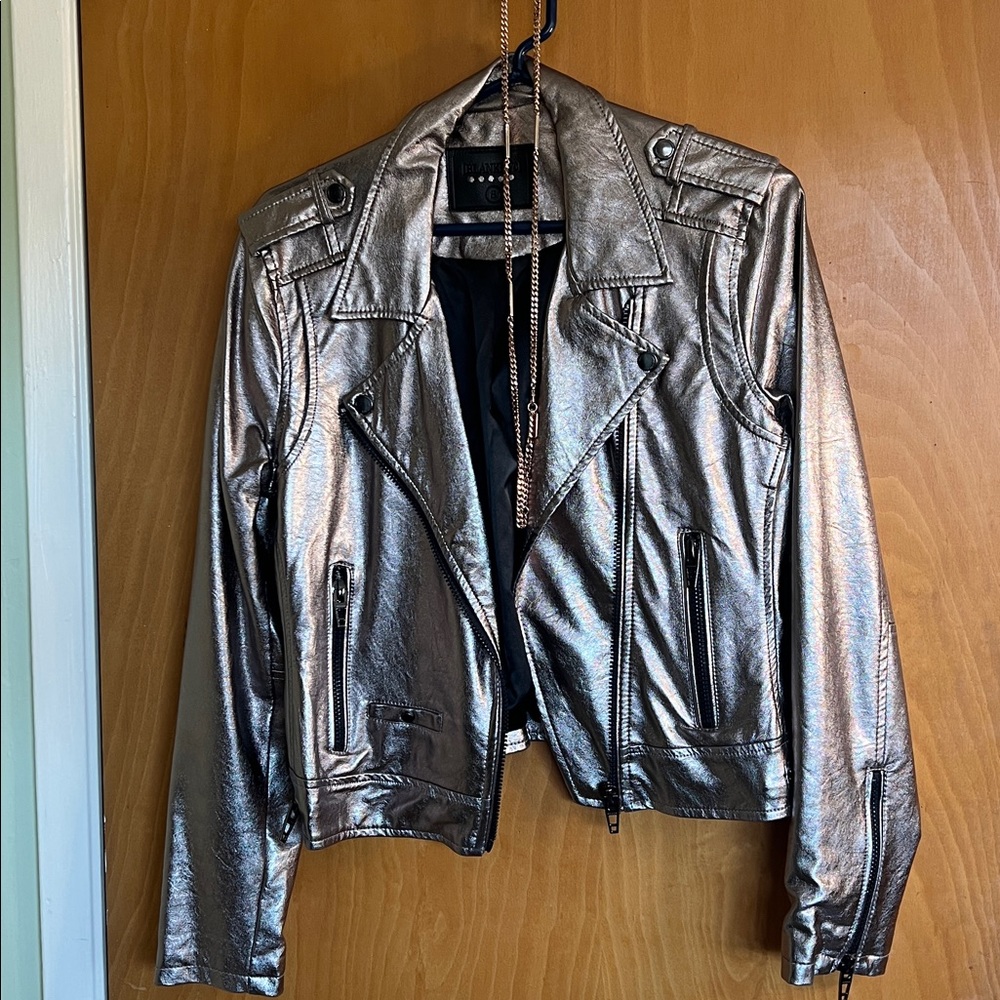 BlankNYC Faux Leather Moto Jacket in Metallic Finish.